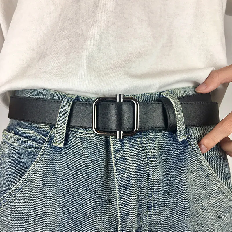 FUO No Hole Slide Buckle Design, Korean Style Pants Belt Slimming Leather Belts Unisex Width 3.3CM-2