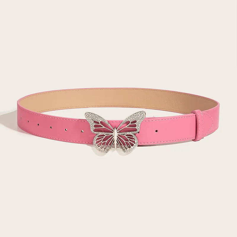 FUO Punk Style Metal Dynamic Rhinestone Butterfly Snap Closure Vintage Belt PU Leather Belts Women's Width 3.3cm-8