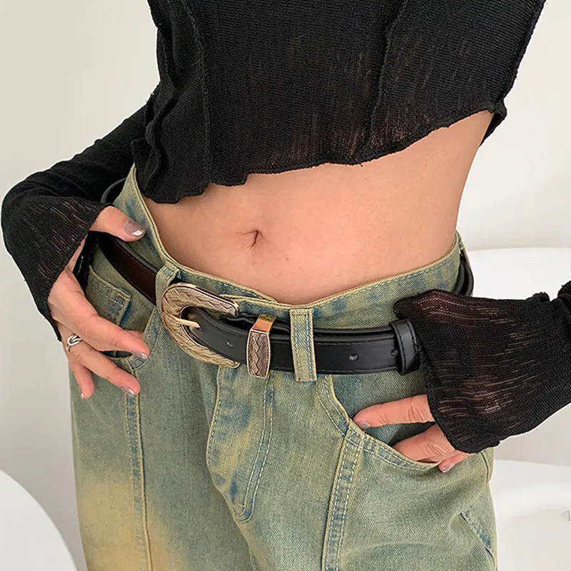 FUO Brogues Metal Fashionable Versatile Urban Chic Style Vintage With Buckle Carved Design Leather Belts Unisex-1