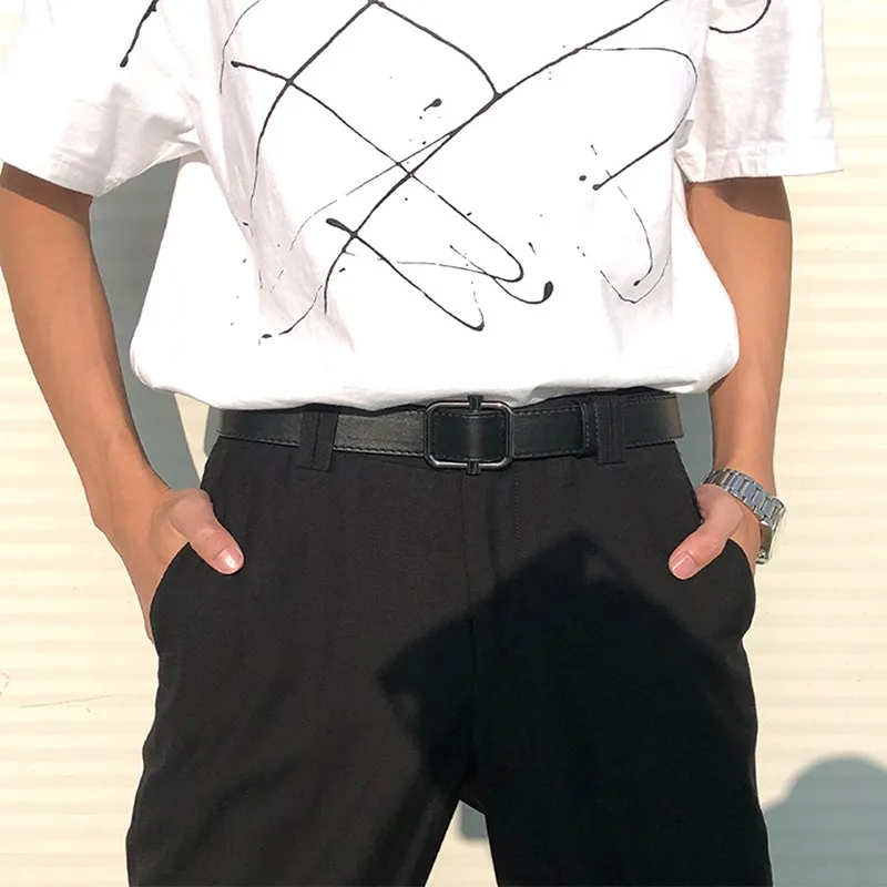FUO No Hole Slide Buckle Design, Korean Style Pants Belt Slimming Leather Belts Unisex Width 3.3CM-3