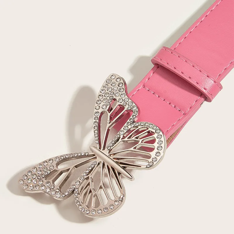 FUO Punk Style Metal Dynamic Rhinestone Butterfly Snap Closure Vintage Belt PU Leather Belts Women's Width 3.3cm-6