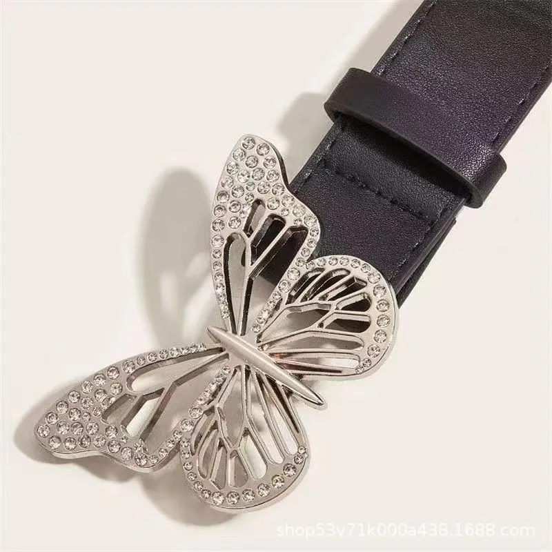 FUO Punk Style Metal Dynamic Rhinestone Butterfly Snap Closure Vintage Belt PU Leather Belts Women's Width 3.3cm-4