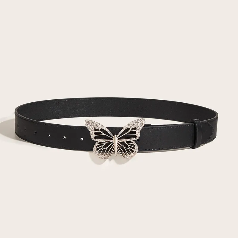 FUO Punk Style Metal Dynamic Rhinestone Butterfly Snap Closure Vintage Belt PU Leather Belts Women's Width 3.3cm-3