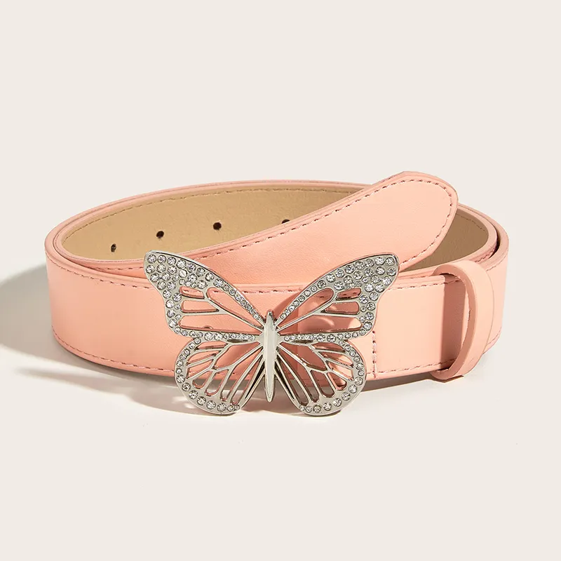 FUO Punk Style Metal Dynamic Rhinestone Butterfly Snap Closure Vintage Belt PU Leather Belts Women's Width 3.3cm-10