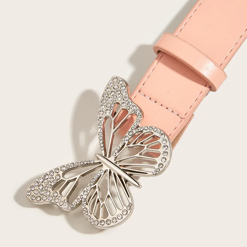 FUO Punk Style Metal Dynamic Rhinestone Butterfly Snap Closure Vintage Belt PU Leather Belts Women's Width 3.3cm-11