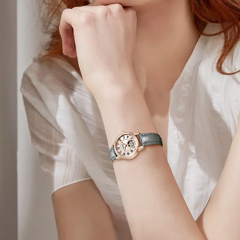 GUANQIN Automatic Mechanical Movement Genuine Leather Strap Watch Women's Watch Pink Watch Dial-1