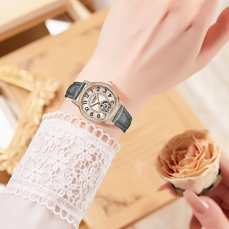 GUANQIN Automatic Mechanical Movement Genuine Leather Strap Watch Women's Watch Pink Watch Dial-3