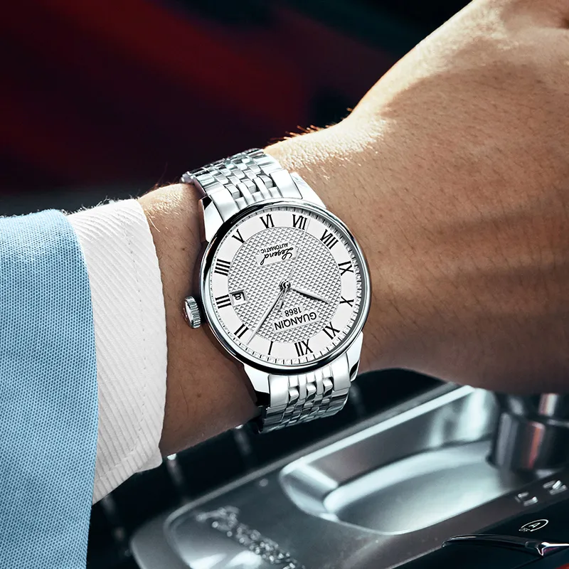 GUANQIN GQ18918 Mechanical Movement Stainless Steel Watchband Watch Men's Watches White Dial-1
