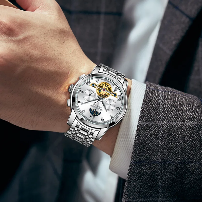 GUANQIN GJ16352 Mechanical Movement Stainless Steel Watchband Watch Men's Watches Silver Dial-1