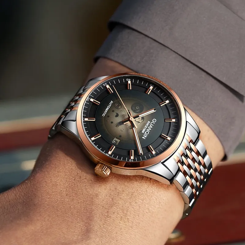 GUANQIN Automatic Mechanical Movement Stainless Steel Watchband Watch Men's Watches Black Dial-6