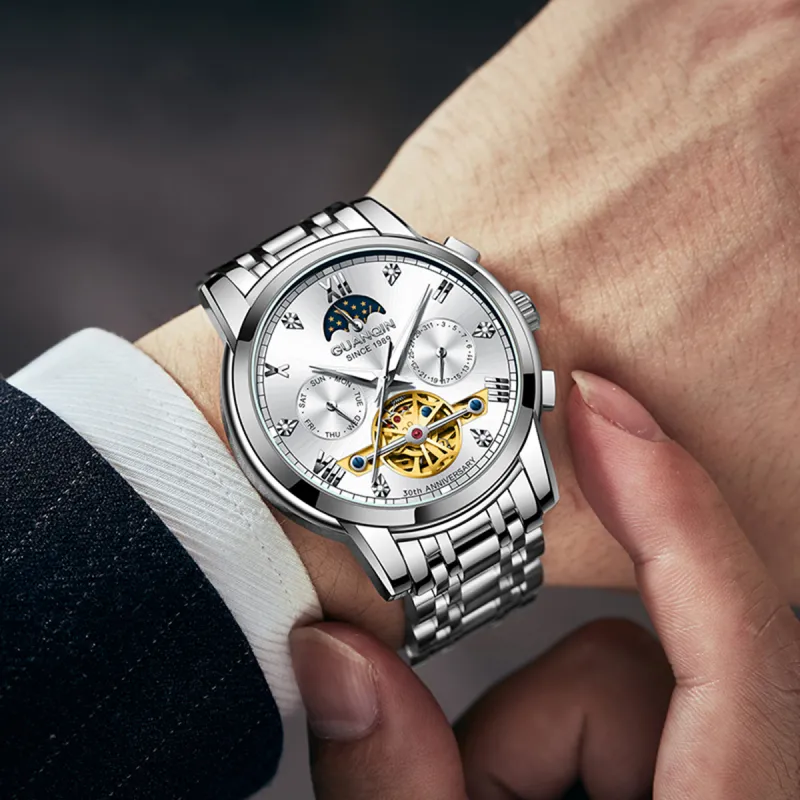GUANQIN GJ16352 Mechanical Movement Stainless Steel Watchband Watch Men's Watches Silver Dial-3