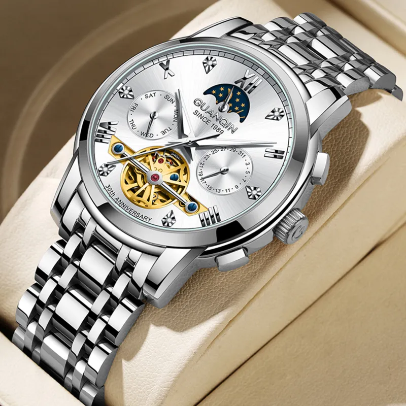 GUANQIN GJ16352 Mechanical Movement Stainless Steel Watchband Watch Men's Watches Silver Dial-4