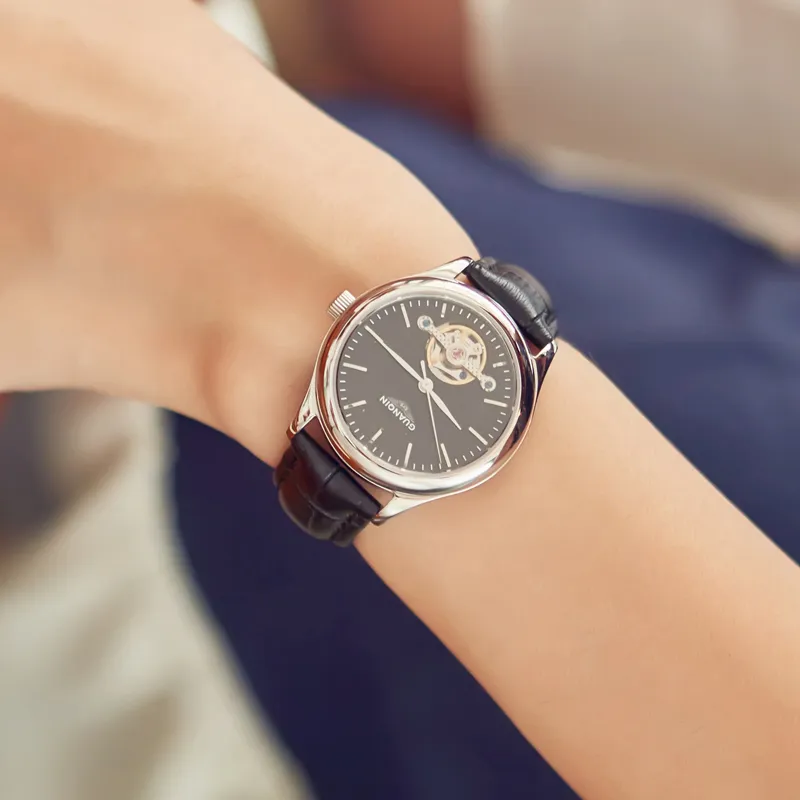 GUANQIN Mechanical Movement Genuine Leather Strap Watch Women's Watch Black Dial-2