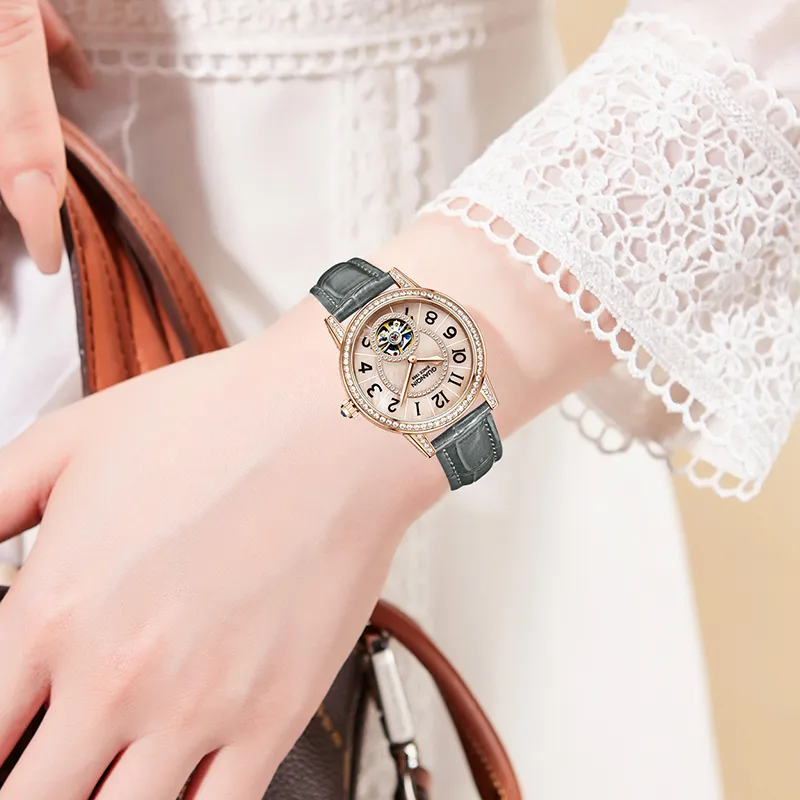 GUANQIN Automatic Mechanical Movement Genuine Leather Strap Watch Women's Watch Pink Watch Dial-4