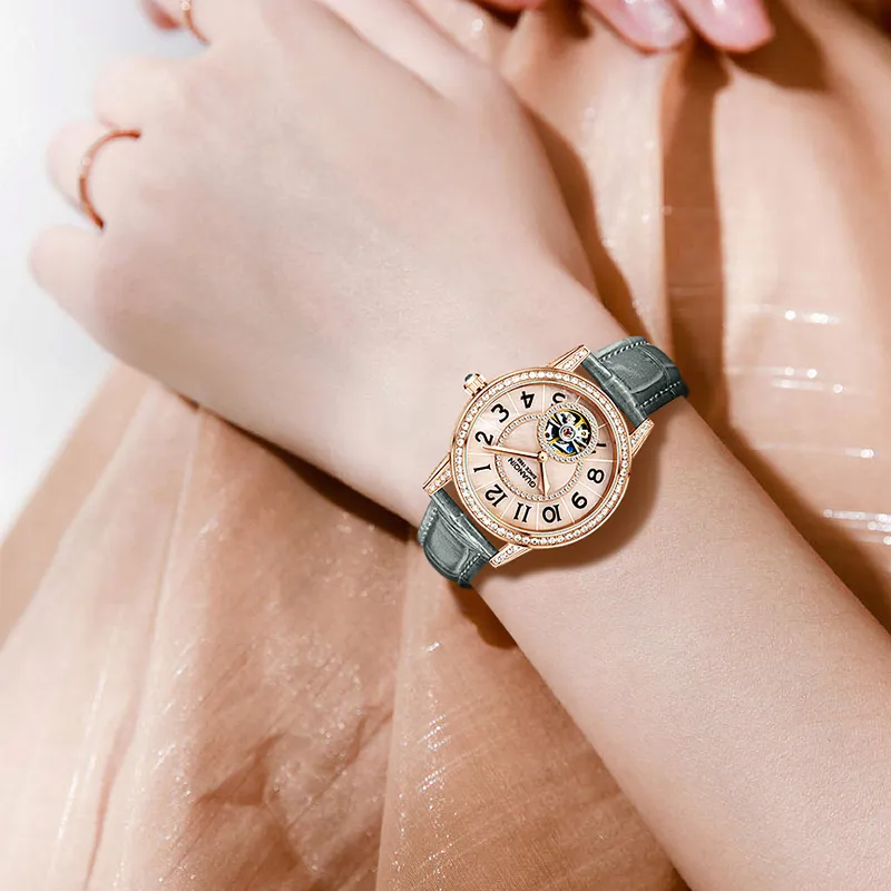 GUANQIN Automatic Mechanical Movement Genuine Leather Strap Watch Women's Watch Pink Watch Dial-5