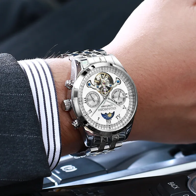 GUANQIN GJ16122 Automatic Mechanical Movement Stainless Steel Watchband Watch Men's Watches White Dial-1