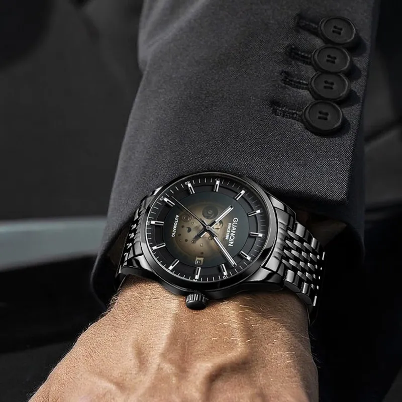 GUANQIN Automatic Mechanical Movement Stainless Steel Watchband Watch Men's Watches Black Dial-9