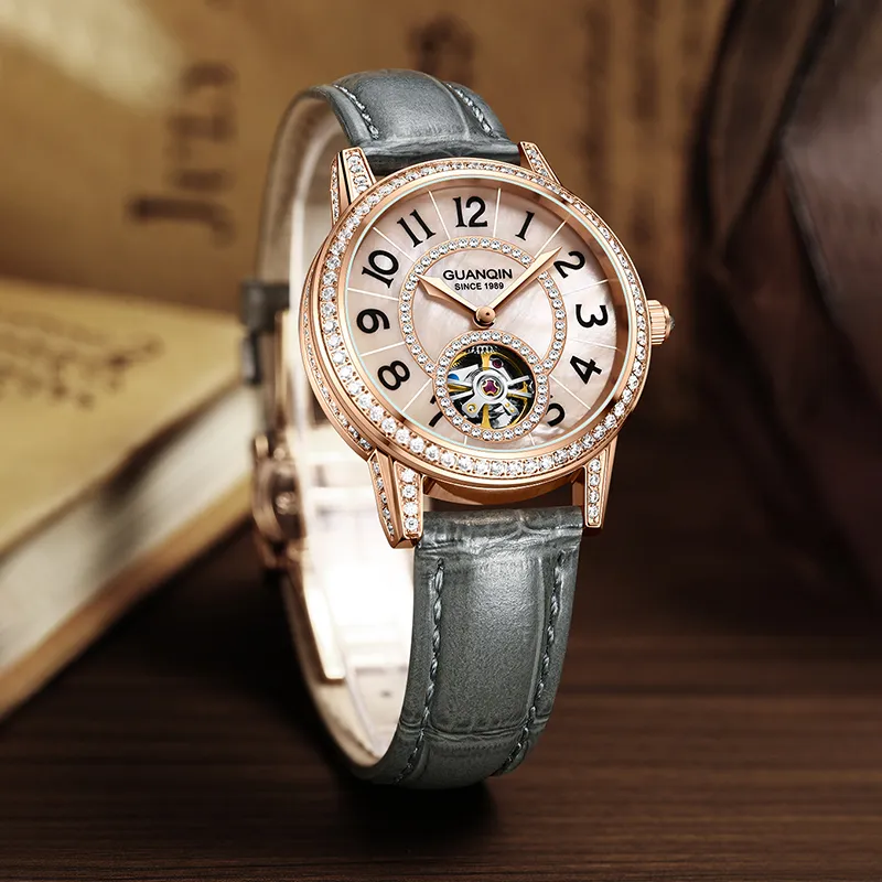 GUANQIN Automatic Mechanical Movement Genuine Leather Strap Watch Women's Watch Pink Watch Dial-2