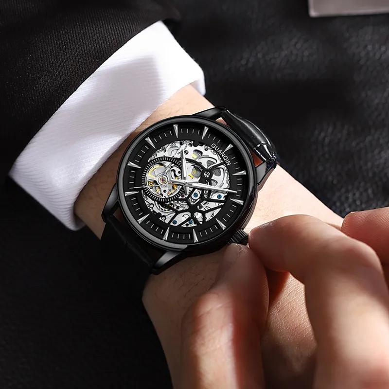 GUANQIN Automatic Mechanical Movement Genuine Leather Strap Watch Men's Watches Black Dial-6