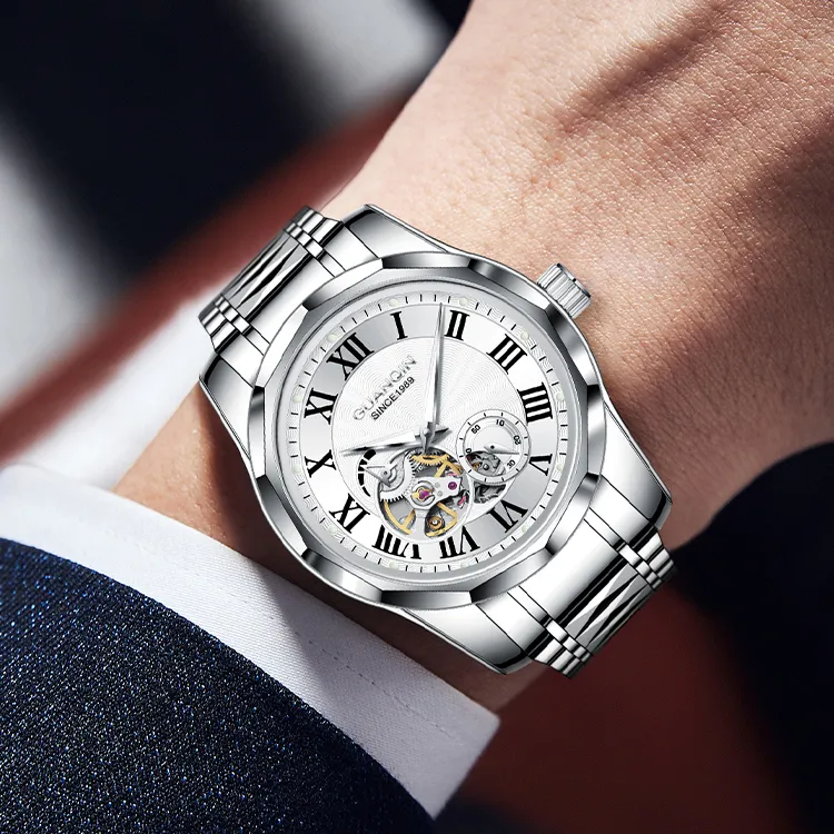 GUANQIN Automatic Mechanical Movement Tungsten Steel Strap Watch Unisex White Dial-3