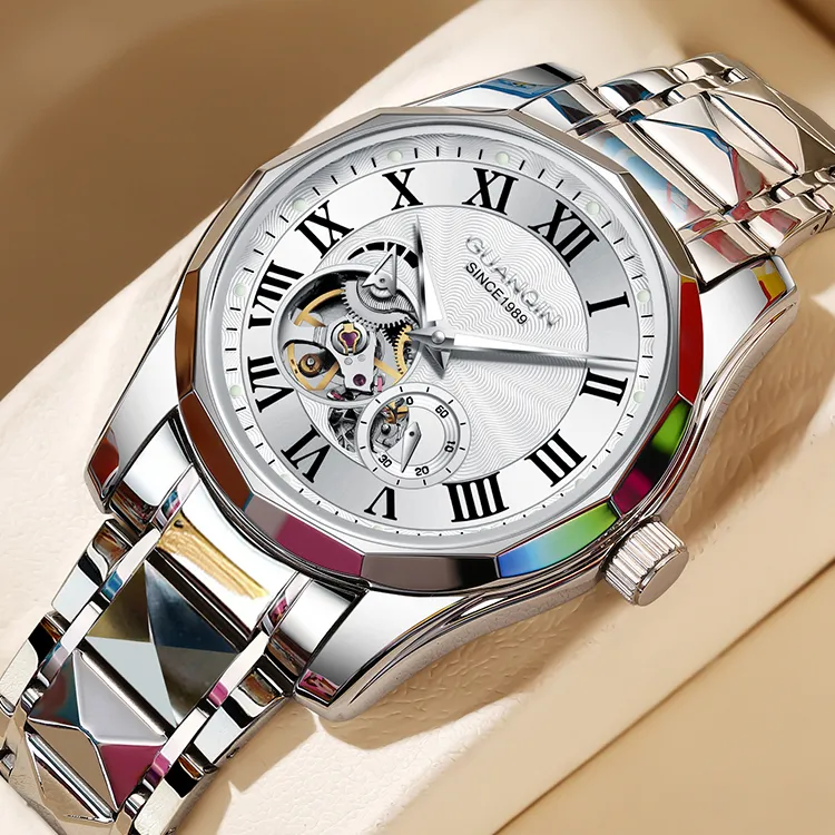 GUANQIN Automatic Mechanical Movement Tungsten Steel Strap Watch Unisex White Dial-6
