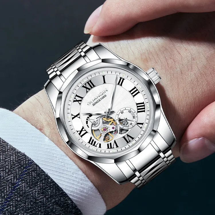 GUANQIN Automatic Mechanical Movement Tungsten Steel Strap Watch Unisex White Dial-2