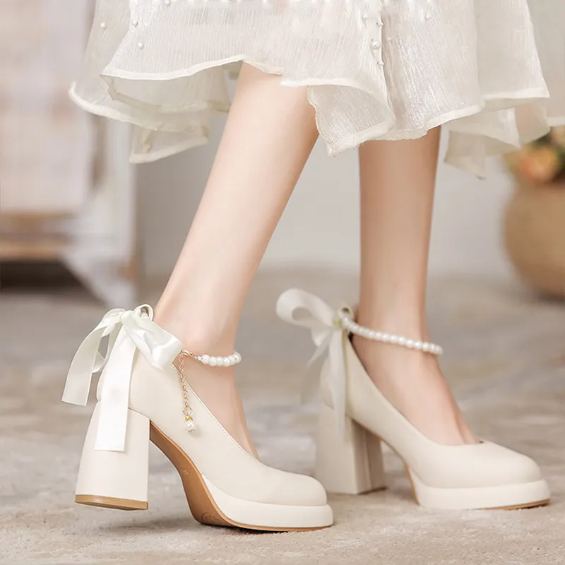 MABEL&CO Chunky Heel High Heels 8cm Women's Beige-5