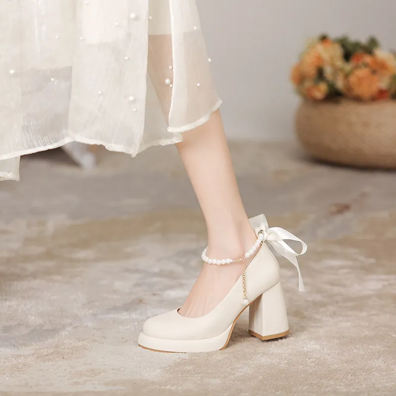 MABEL&CO Chunky Heel High Heels 8cm Women's Beige-2