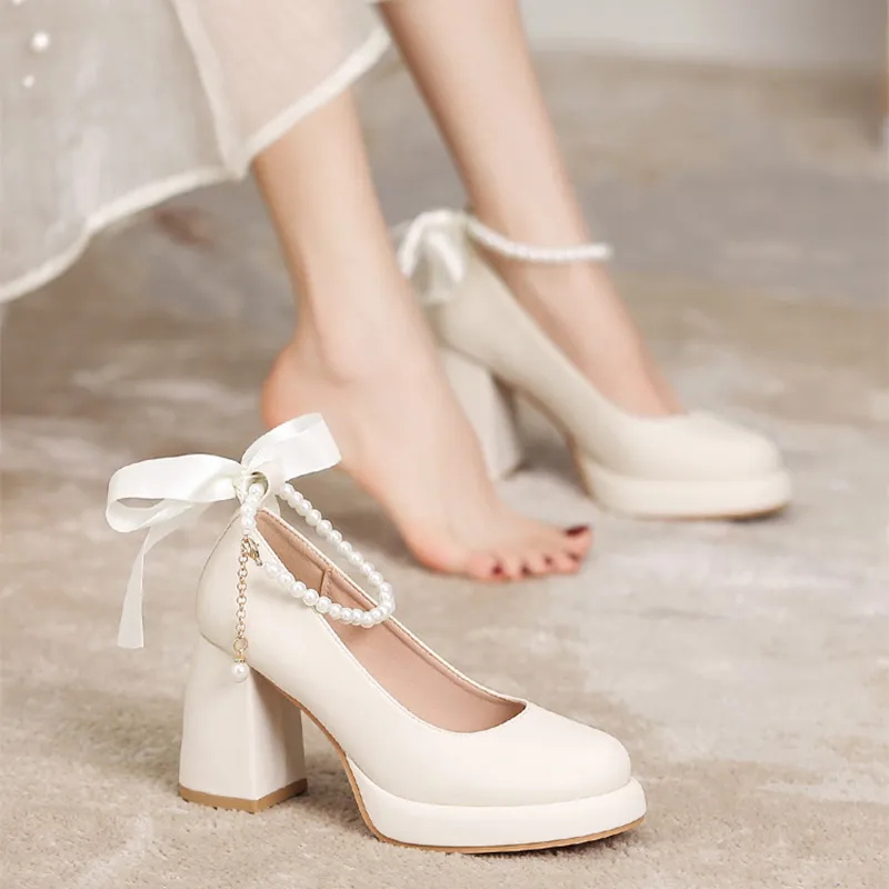 MABEL&CO Chunky Heel High Heels 8cm Women's Beige-6