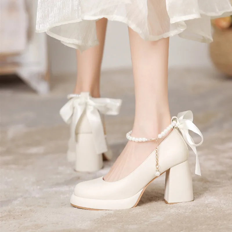 MABEL&CO Chunky Heel High Heels 8cm Women's Beige-4
