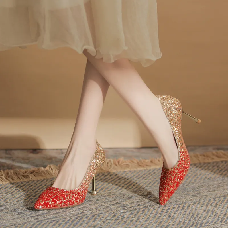 MABEL&CO Slim Heel High Heels Women's Red Gold-3