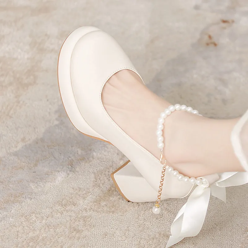 MABEL&CO Chunky Heel High Heels 8cm Women's Beige-7