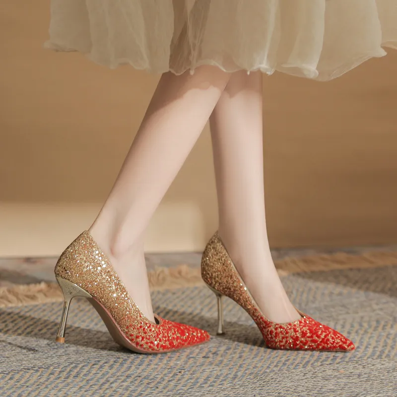 MABEL&CO Slim Heel High Heels Women's Red Gold-4