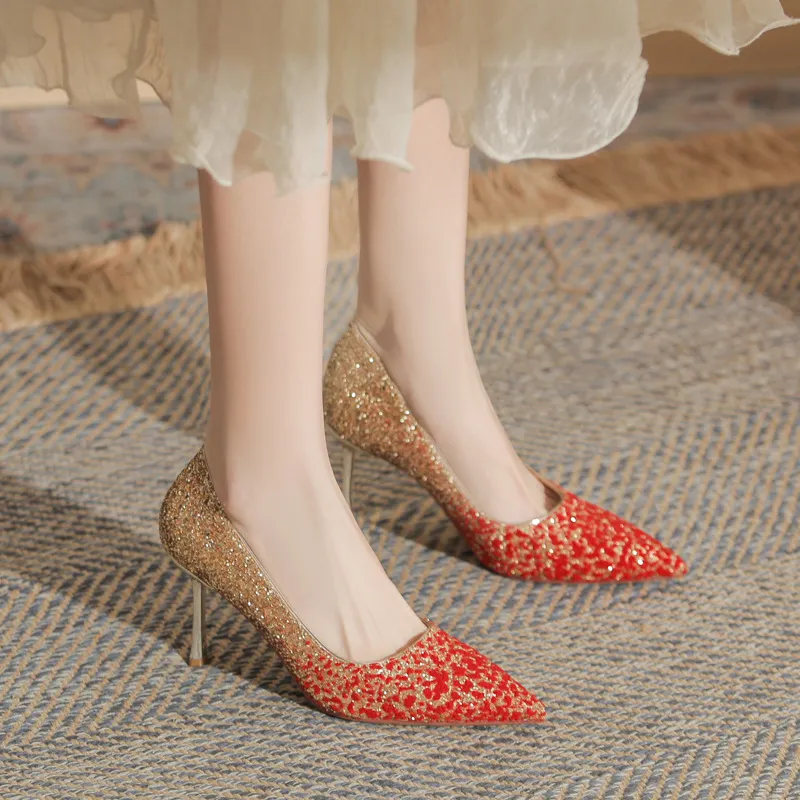 MABEL&CO Slim Heel High Heels Women's Red Gold-2