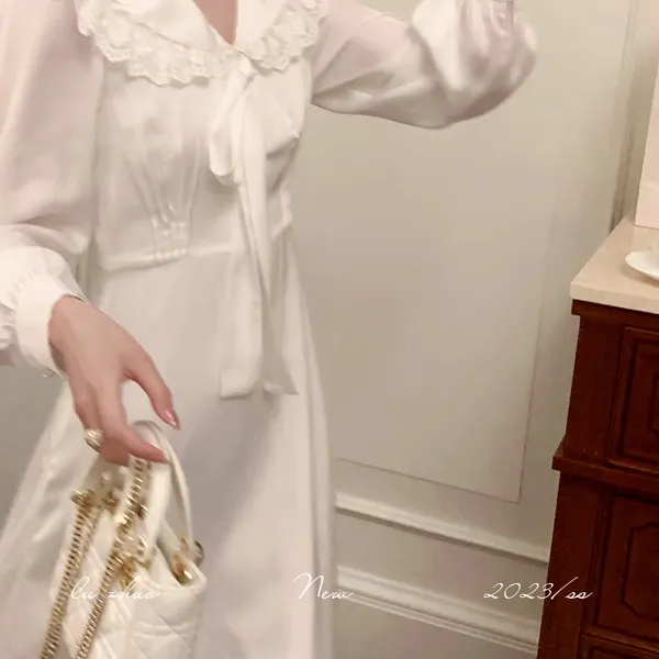AUNTLUANDUNCLEZHUO Long Sleeved Dresses Women's Soft And Sticky Milk White-3