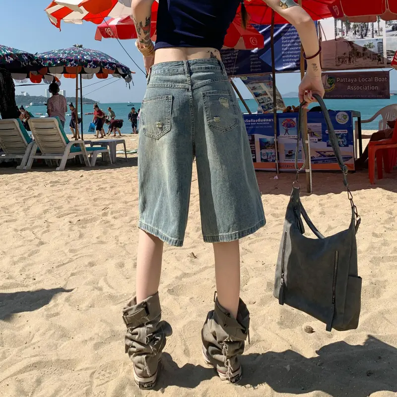 Menglaini Denim Shorts Women's Nostalgic Blue-1