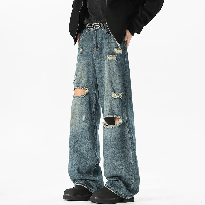 Menglaini Jeans Unisex Blue[Ripped Design]-5