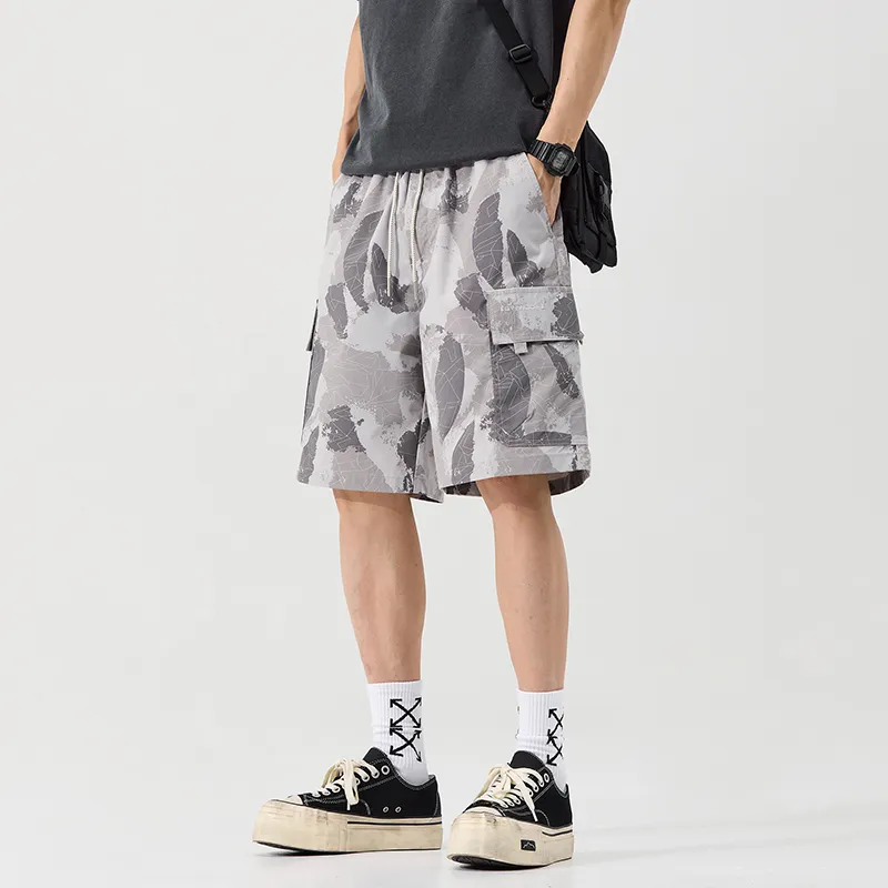 Menglaini Casual Shorts Unisex Light Gray Breathable Camouflage-2