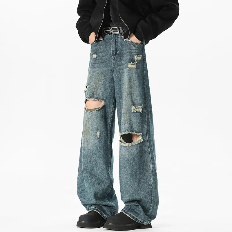Menglaini Jeans Unisex Blue[Ripped Design]-6