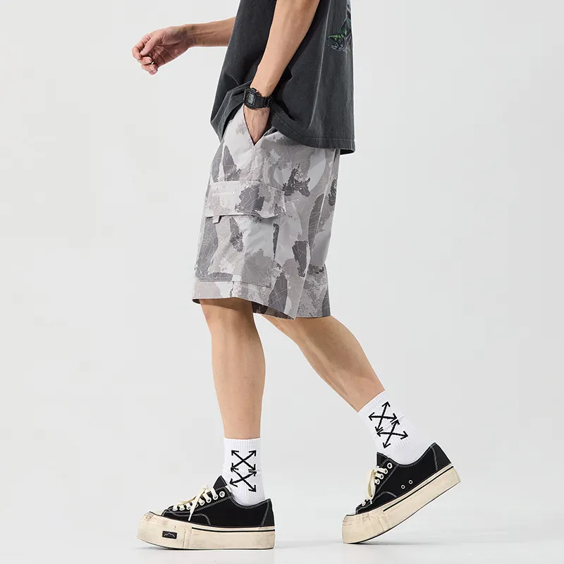 Menglaini Casual Shorts Unisex Light Gray Breathable Camouflage-3