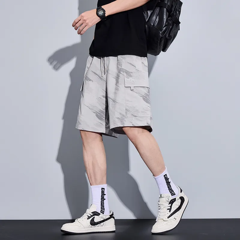 Menglaini Casual Shorts Unisex Beige Gray-6