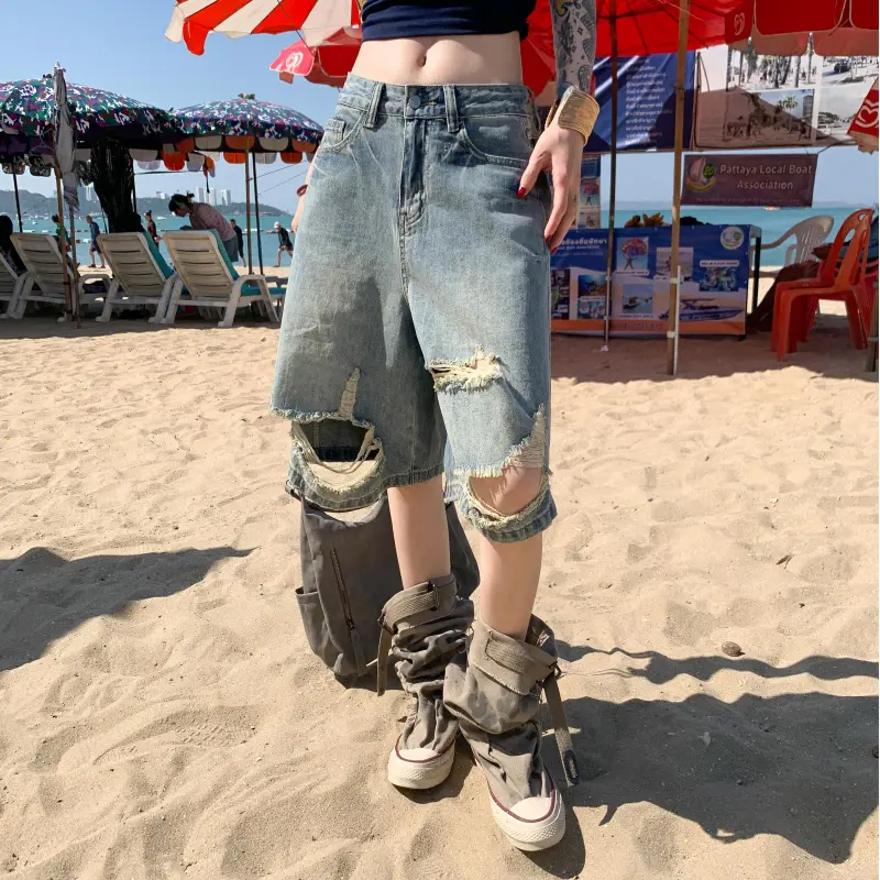 Menglaini Denim Shorts Women's Nostalgic Blue-4