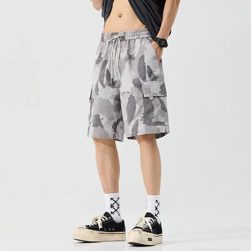 Menglaini Casual Shorts Unisex Light Gray Breathable Camouflage-1