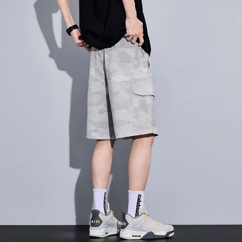 Menglaini Casual Shorts Unisex Beige Gray-5