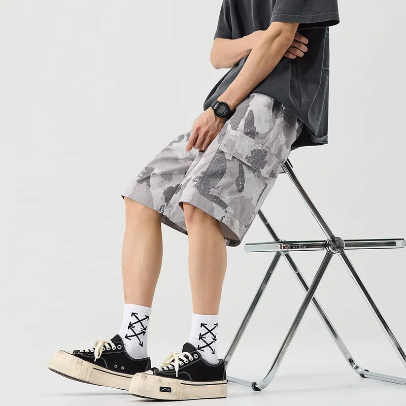 Menglaini Casual Shorts Unisex Light Gray Breathable Camouflage-5
