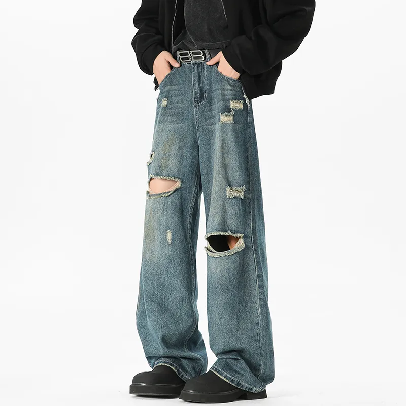 Menglaini Jeans Unisex Blue[Ripped Design]-7