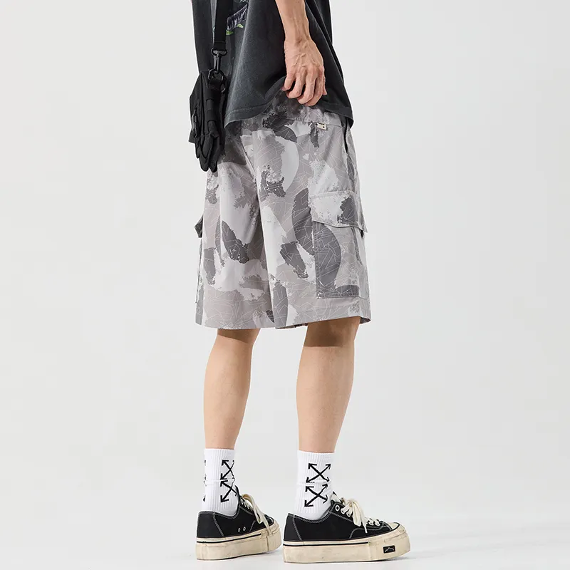 Menglaini Casual Shorts Unisex Light Gray Breathable Camouflage-4