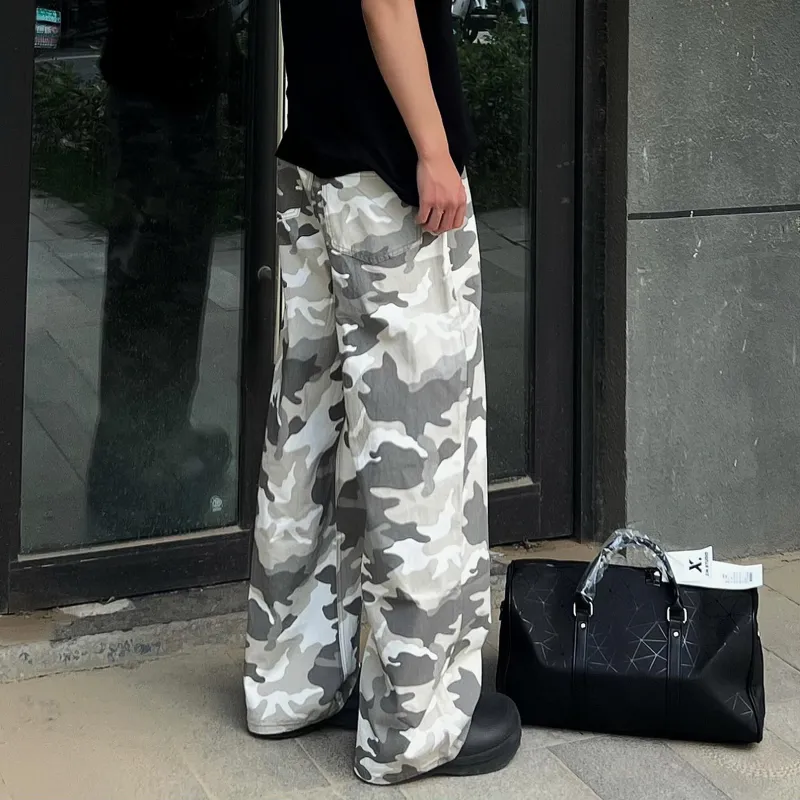 Menglaini Jeans Unisex Gray White Camouflage-3