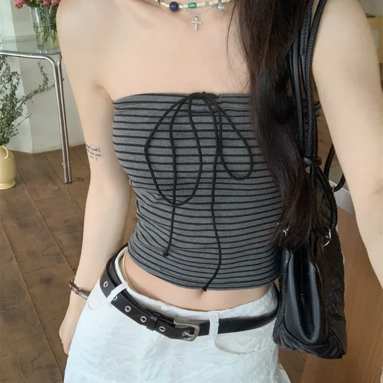 CPAURA Strapless Tops Women's Striped Strapless Top+Bowknot Hair Tie Comes With-4
