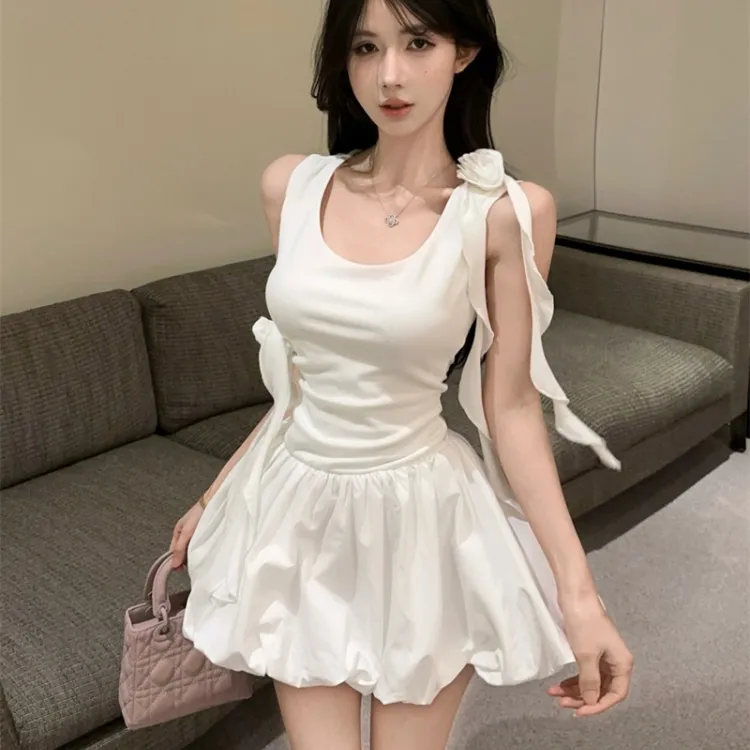 CPAURA Sleeveless Dress Women's White+Bowknot Hair Tie Comes With-4